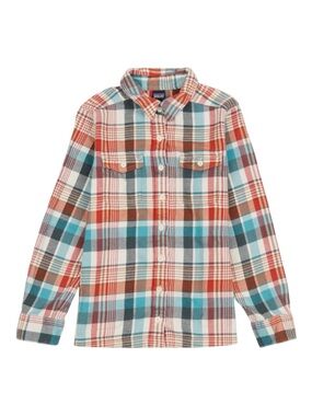 Patagonia Long-Sleeved Fjord Flannel Shirt Womens Size 10 White, Blue, Orange